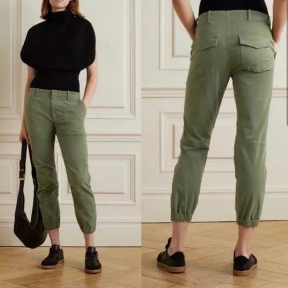 Nili Lotan Womens Camo Green Twill Cropped Military Pant Pleated Knees Zip Cuffs